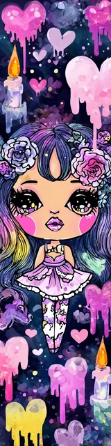 Free kawaii bookmark featuring a heart-themed girl with candles